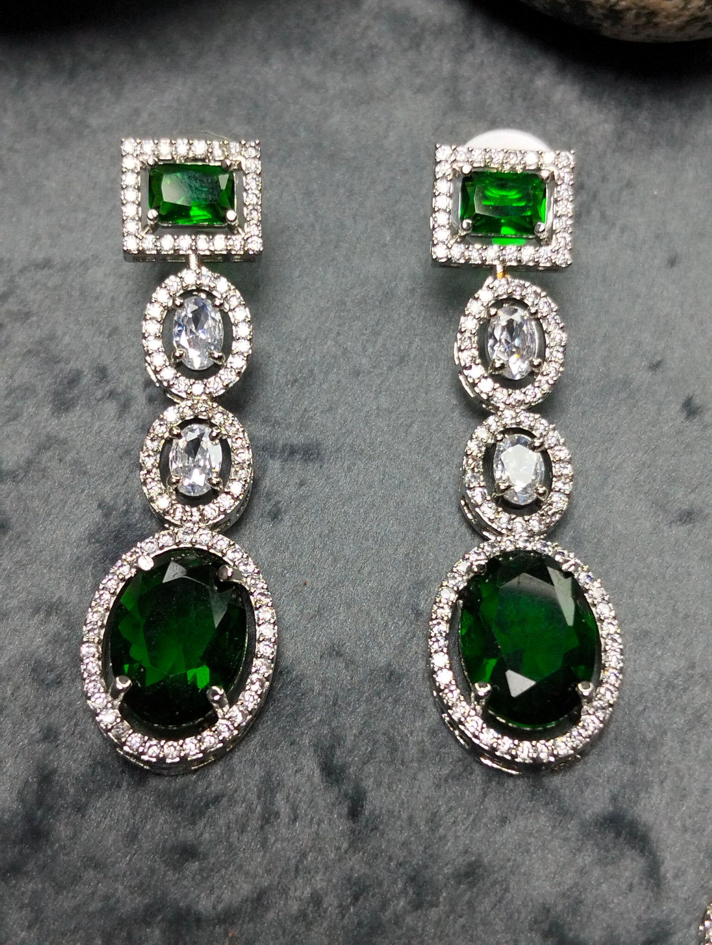 Emerald Green silver rhodium plated double layered necklace