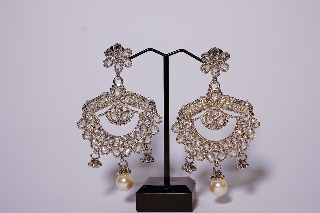 Silver jhumkas with hanging pearl