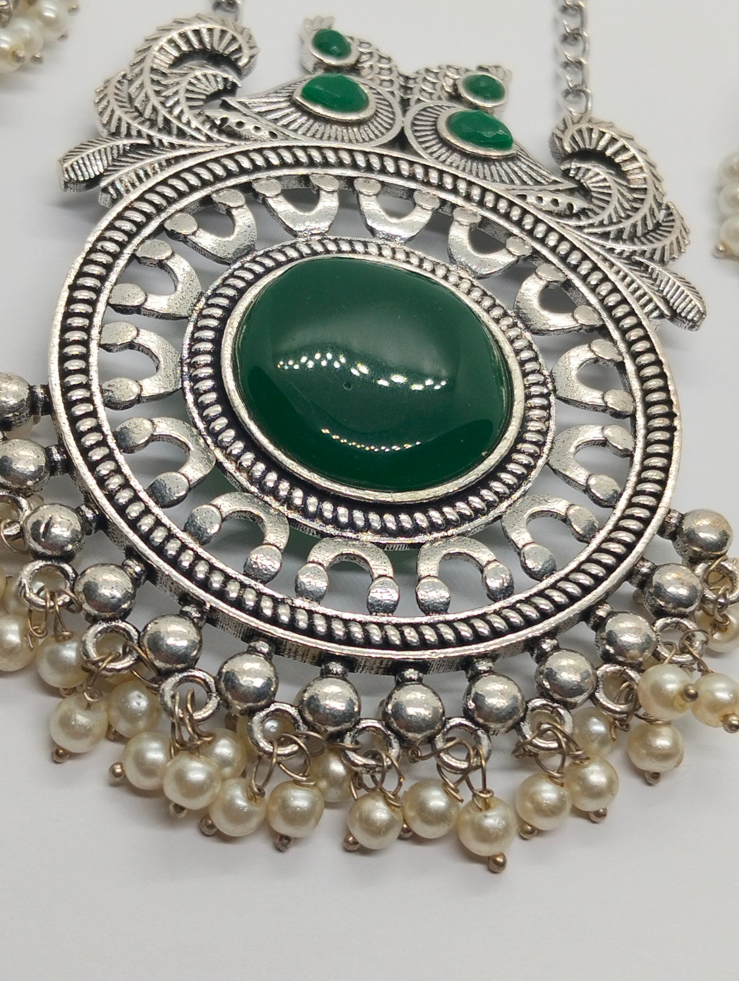 Green stone oxidized handmade brass Mala