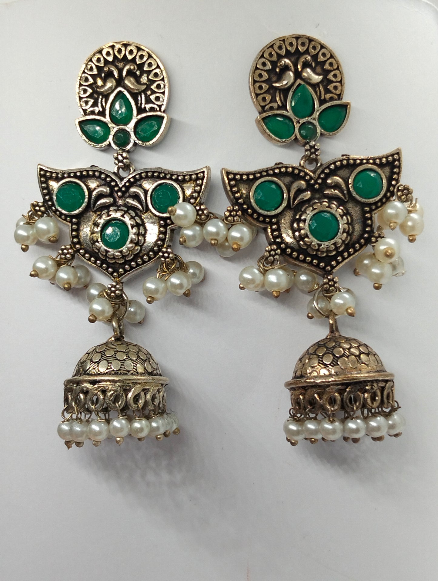 Oxidized handmade brass jhumka's green stone