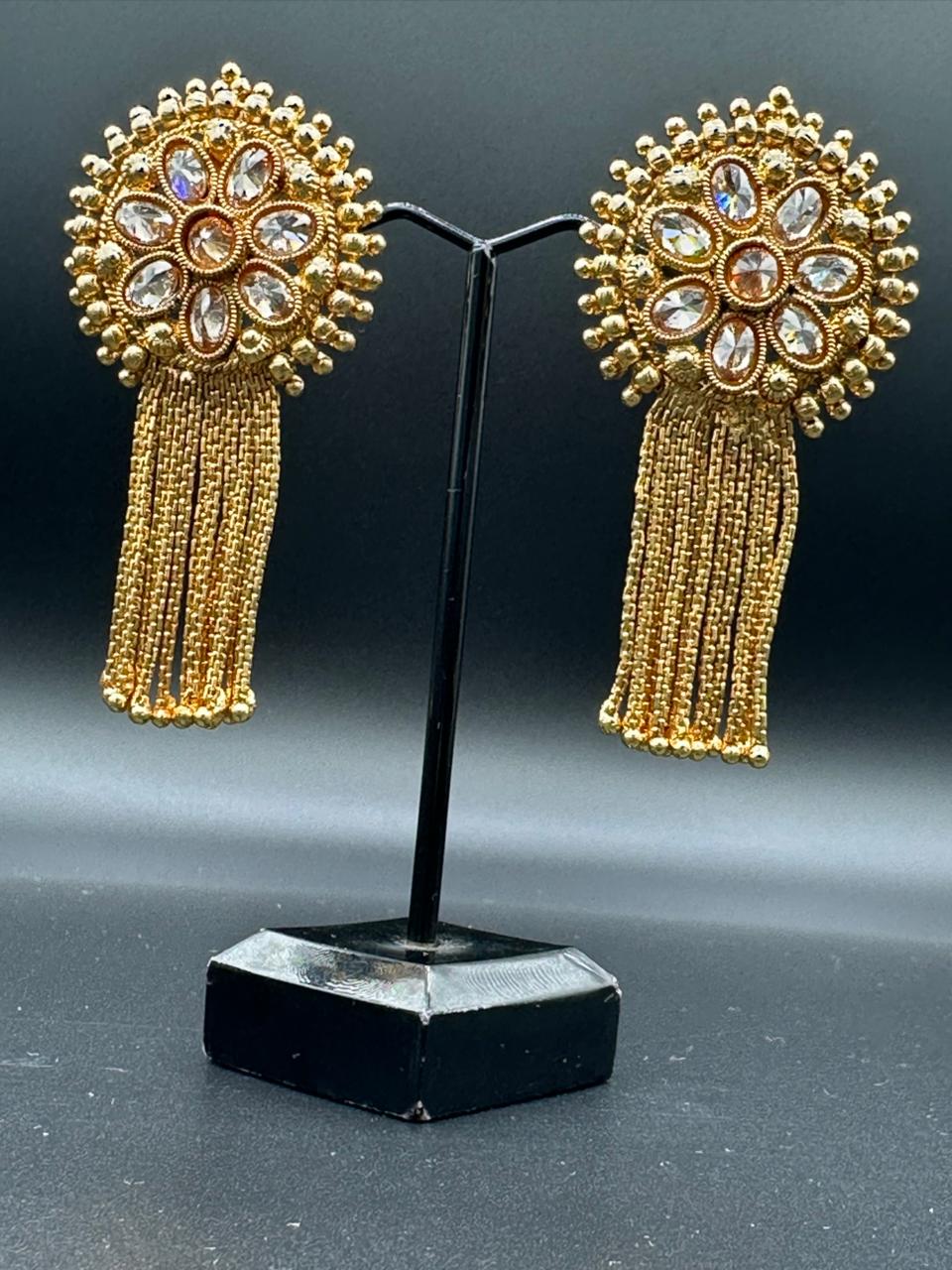 Traditional Polki Gold Plated Studs With Chains