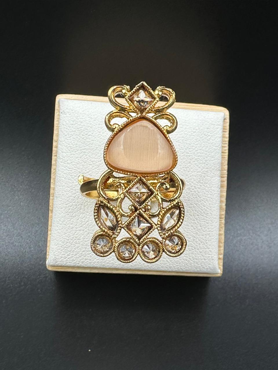 Peach stone adjustable ring gold plated polki design