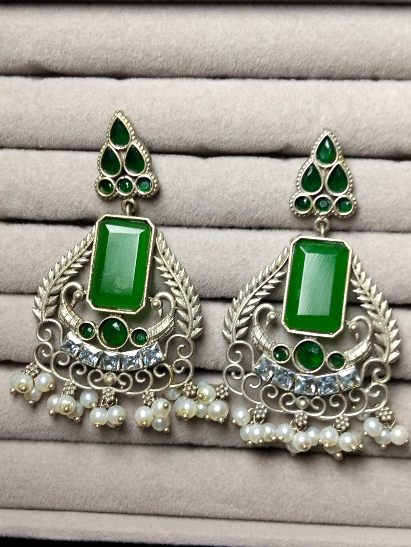 Green stone oxidized handmade brass Bali's