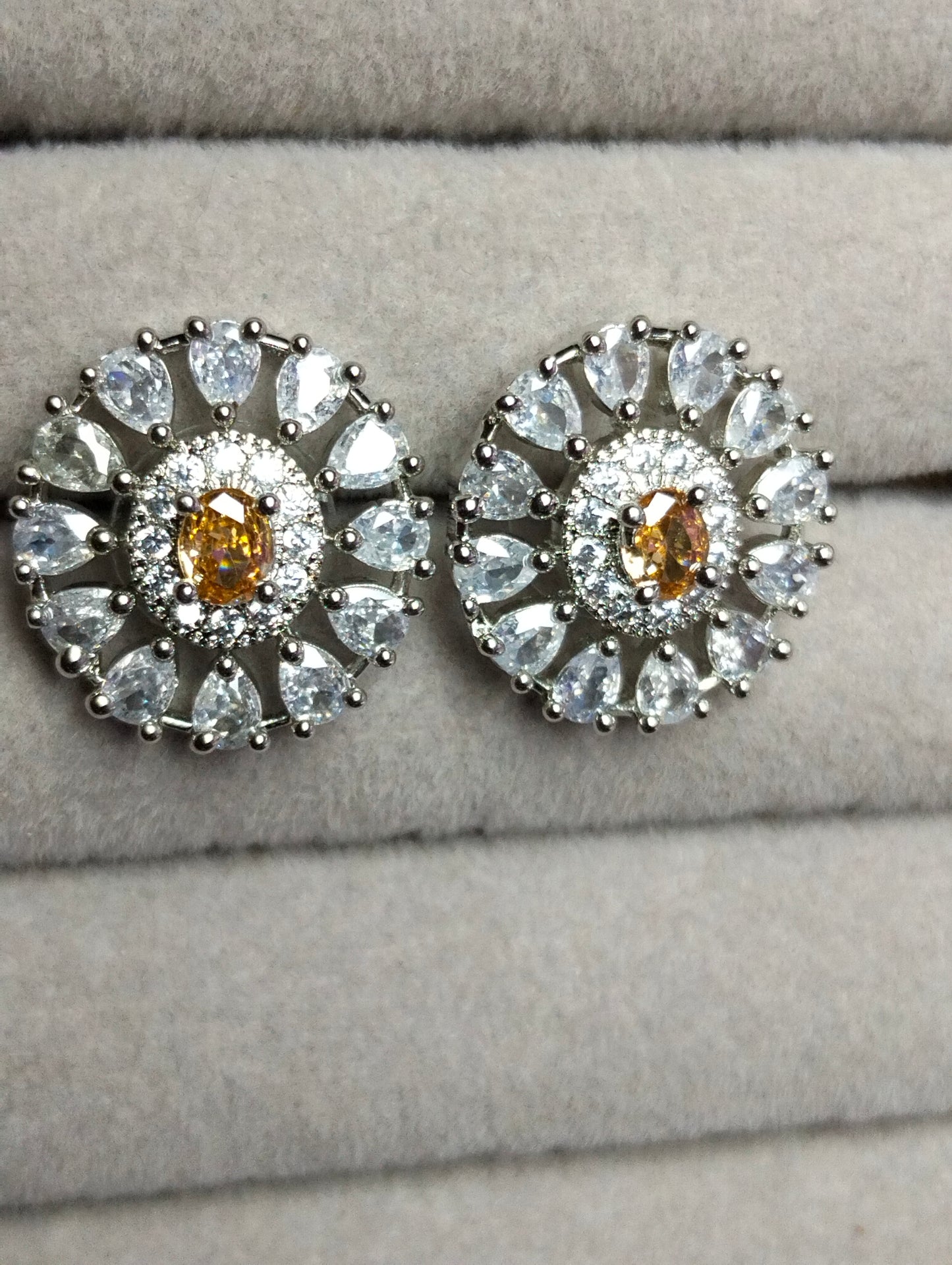 Champagne Stone Rhodium-Plated Silver Geometric Studs