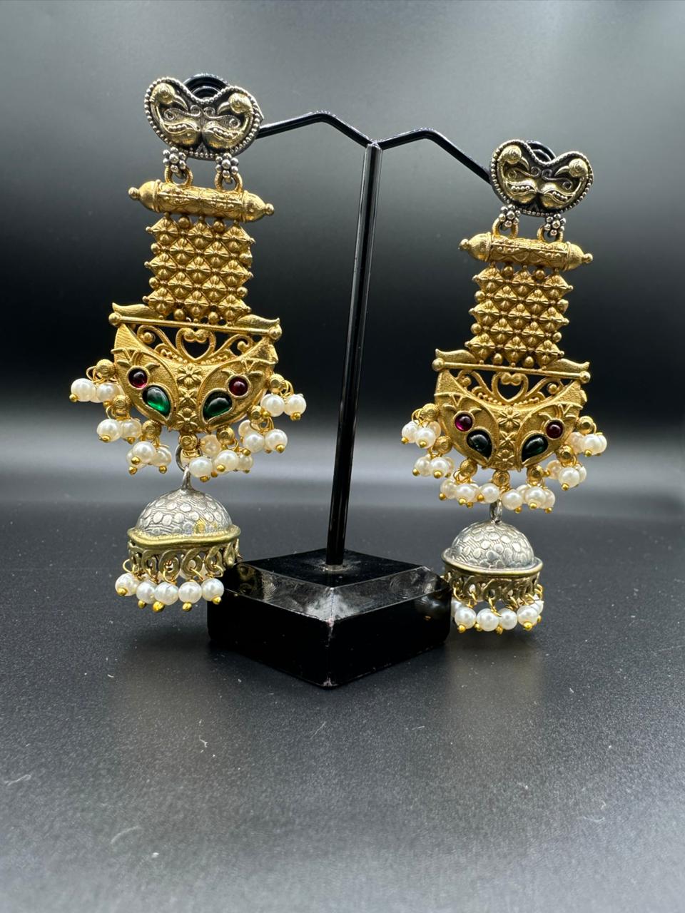 Two toned oxidized handmade Madrasi jhumka's with multi stones