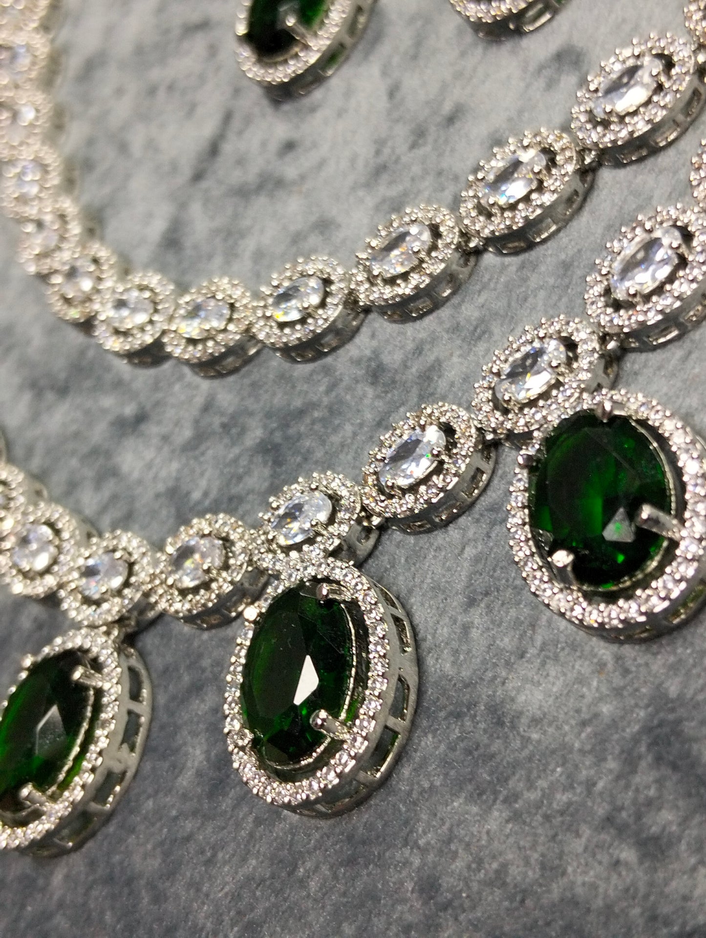 Emerald Green silver rhodium plated double layered necklace