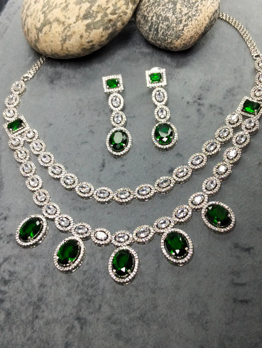 Emerald Green silver rhodium plated double layered necklace