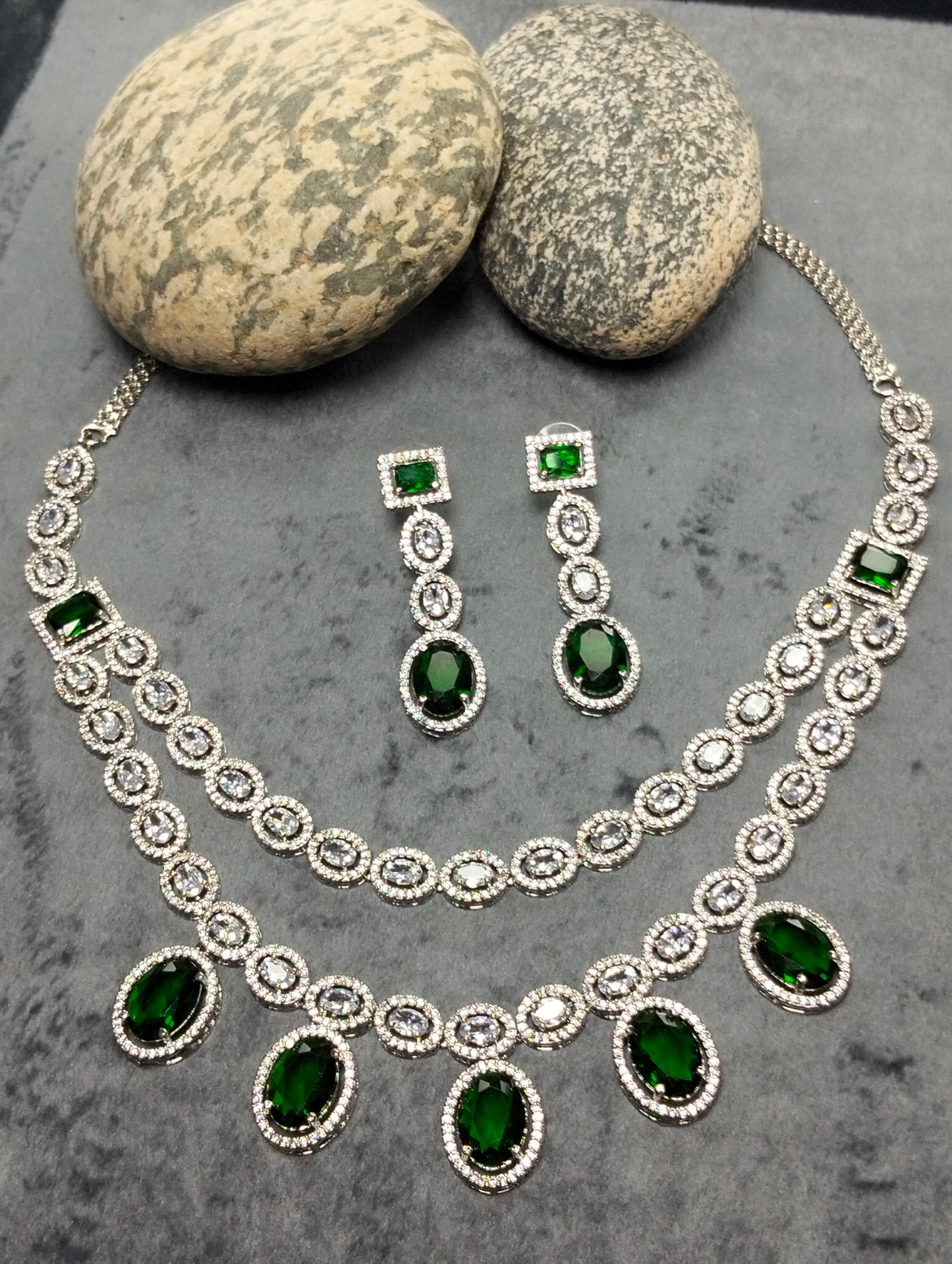 Emerald Green silver rhodium plated double layered necklace