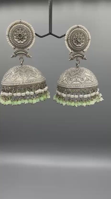 Oxidized Jhumka's in mint green stones