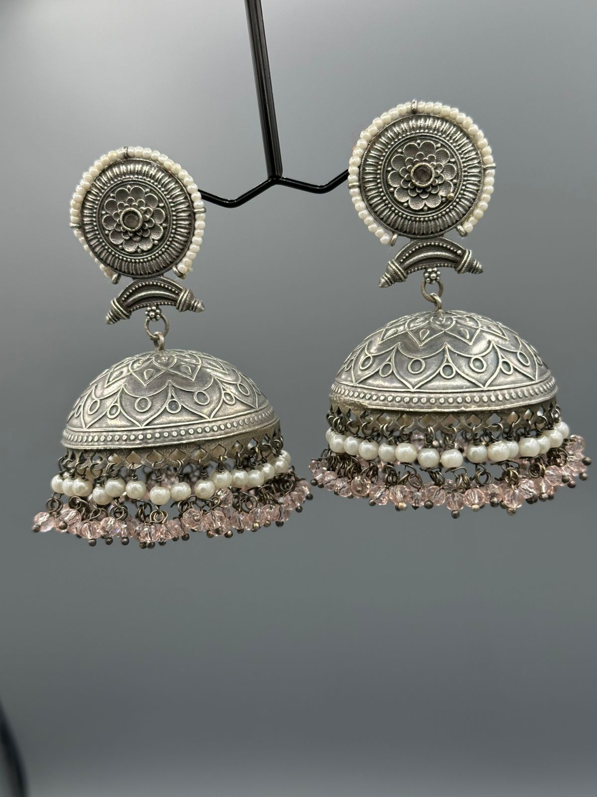 Oxidized Jhumka's in pink stone