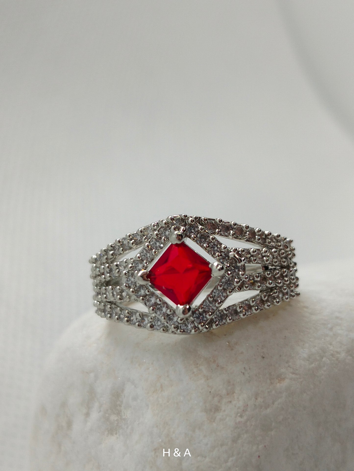 Red stone silver rhodium plated ring