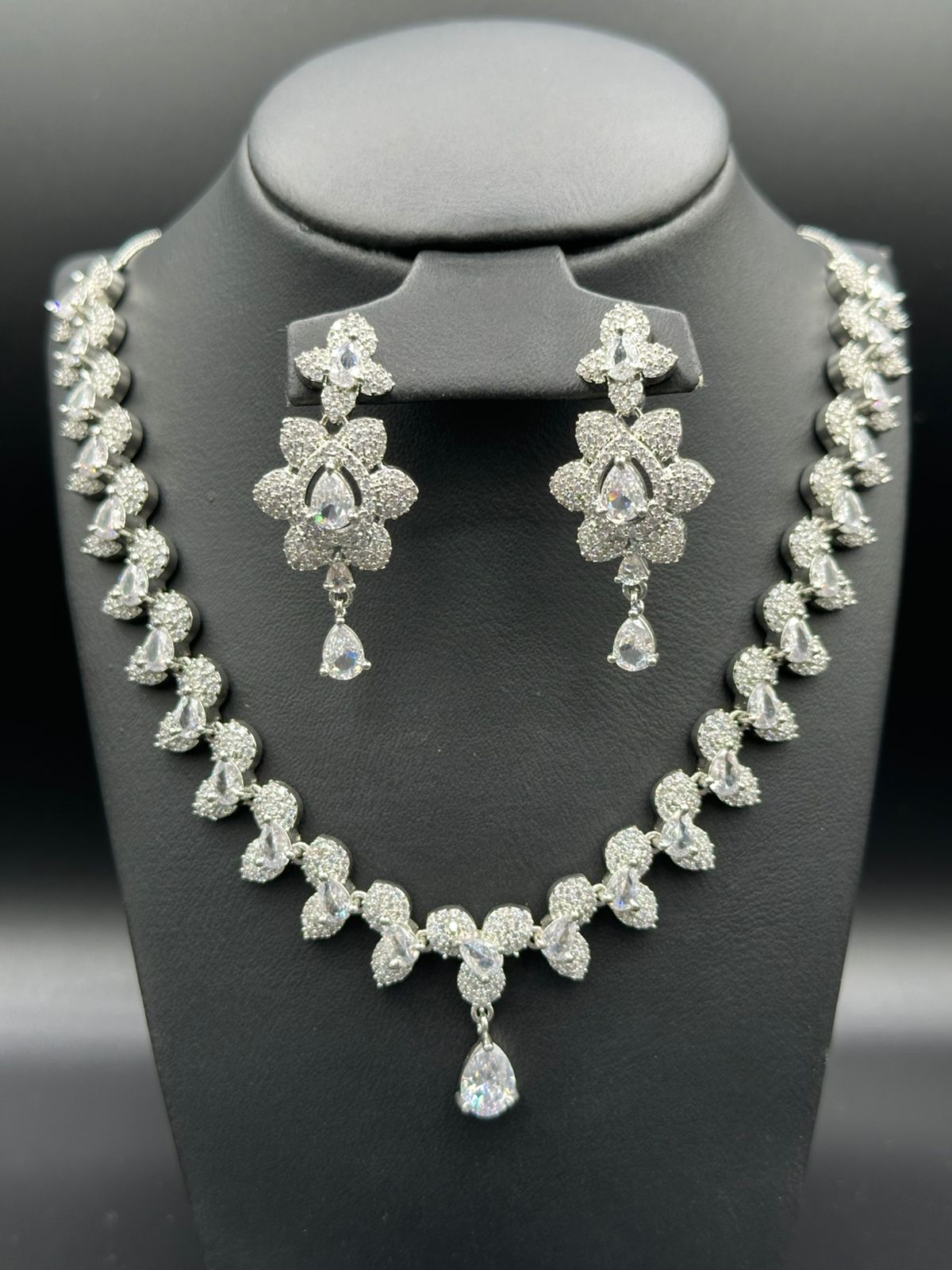 Floral Cluster Diamond Necklace & Drop Earring Set
