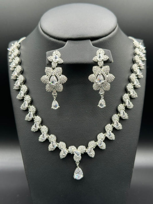 Floral Cluster Diamond Necklace & Drop Earring Set