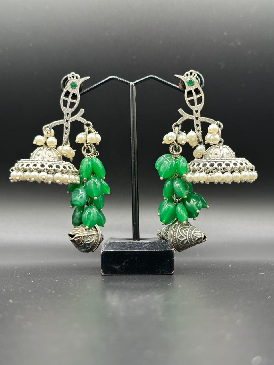 Boho Chic Style Oxidized brass jhumka's with green stone
