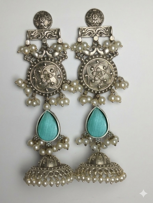 Ethnic oxidized handmade brass jhumka's mint green