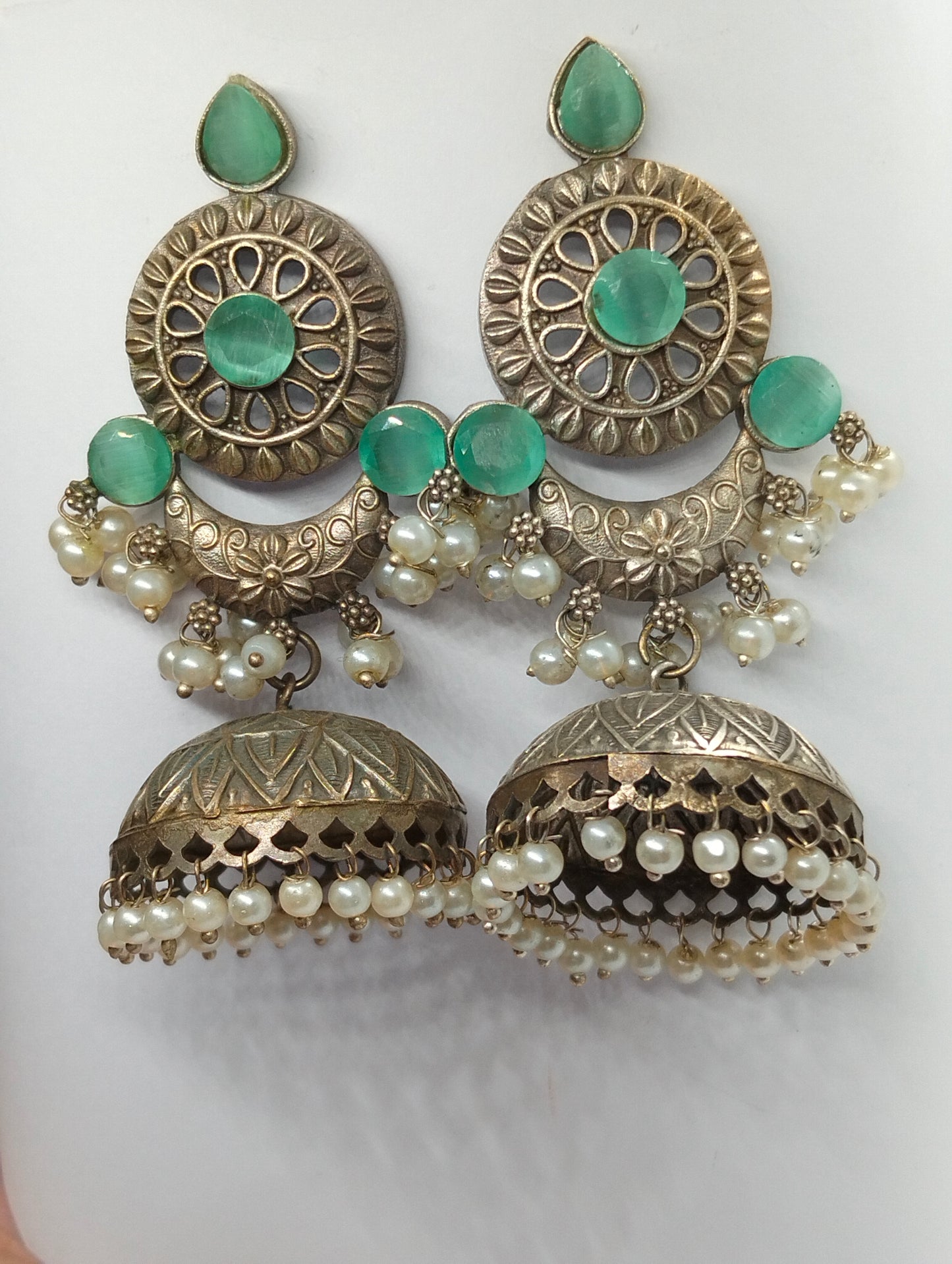 Oxidized handmade brass jhumka's mint green stone