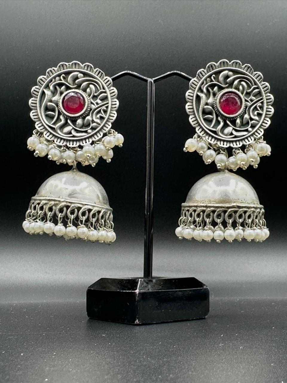 Lotus Bloom | Handcrafted Oxidized Red Stone Silver Floral Jhumka's