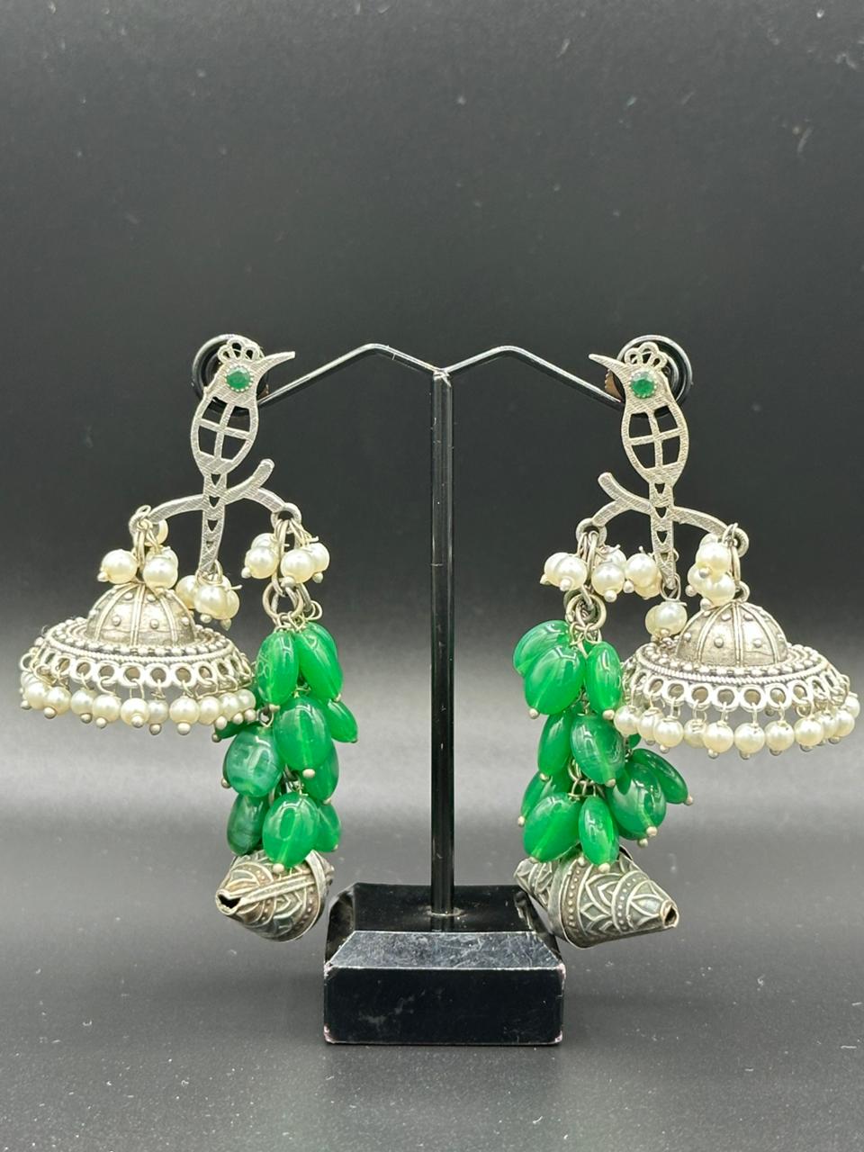 Boho Chic Style Oxidized brass jhumka's with green stone