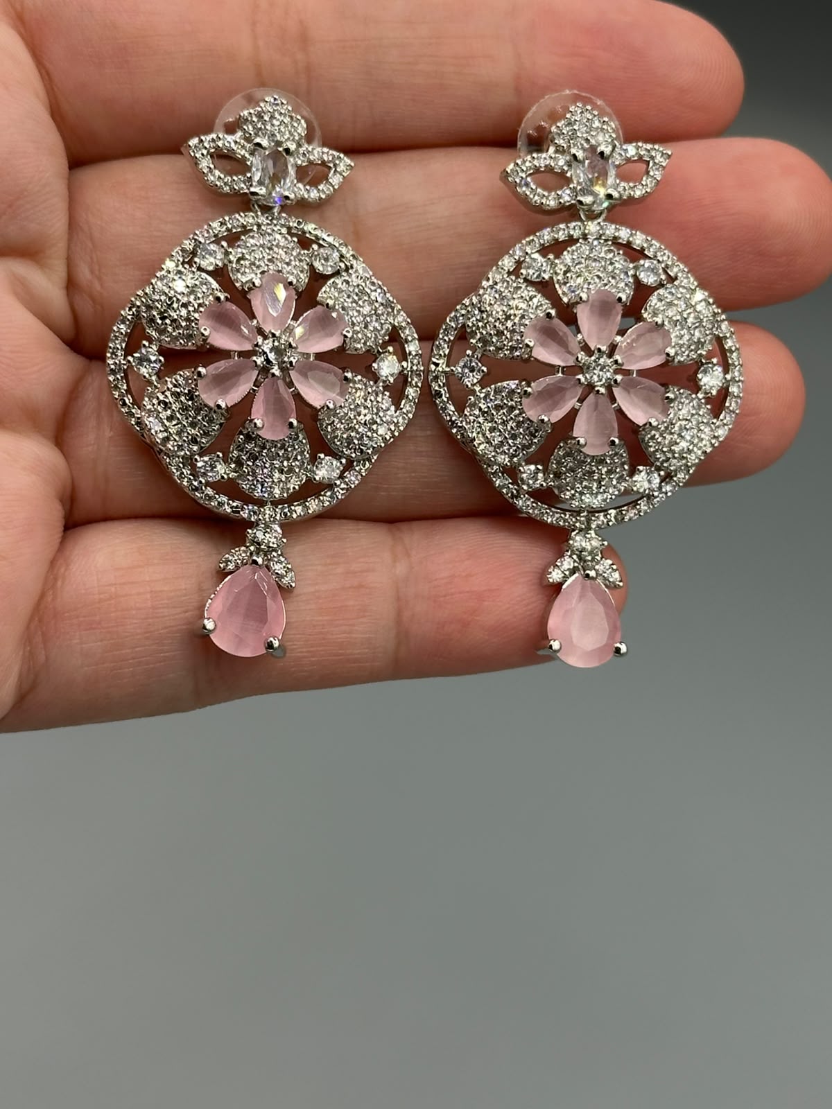 One Carat Floral Earrings with pink semi precious stones
