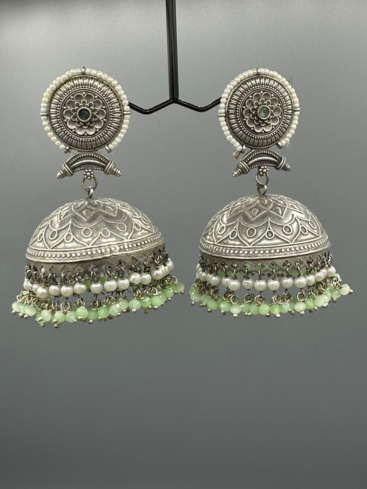 Oxidized Jhumka's in mint green stones