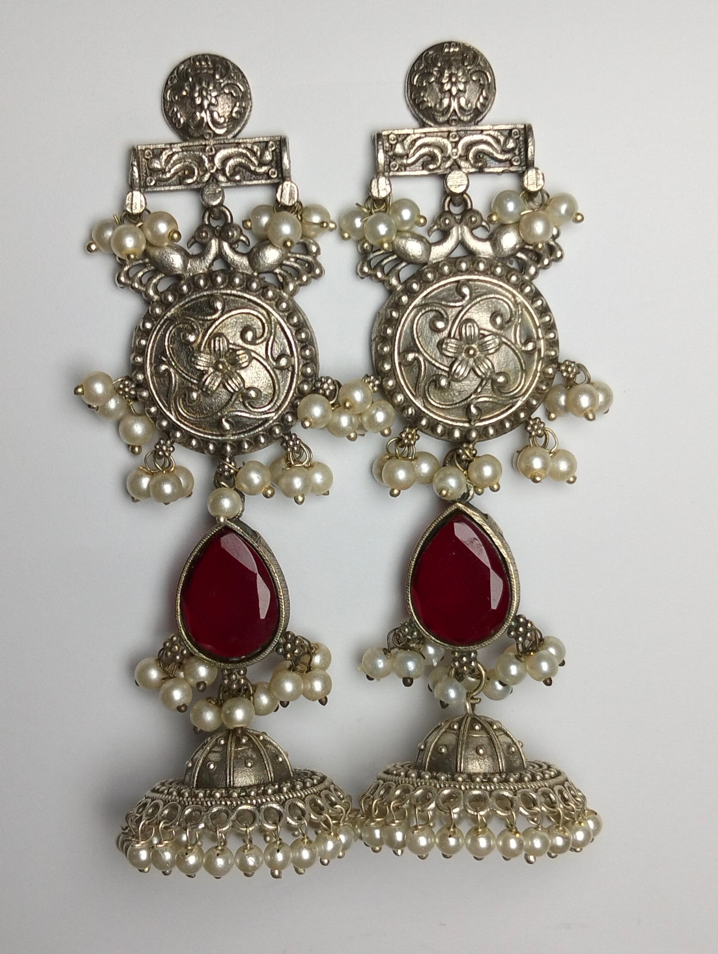Ethnic Oxidized handmade brass jhumka's Red