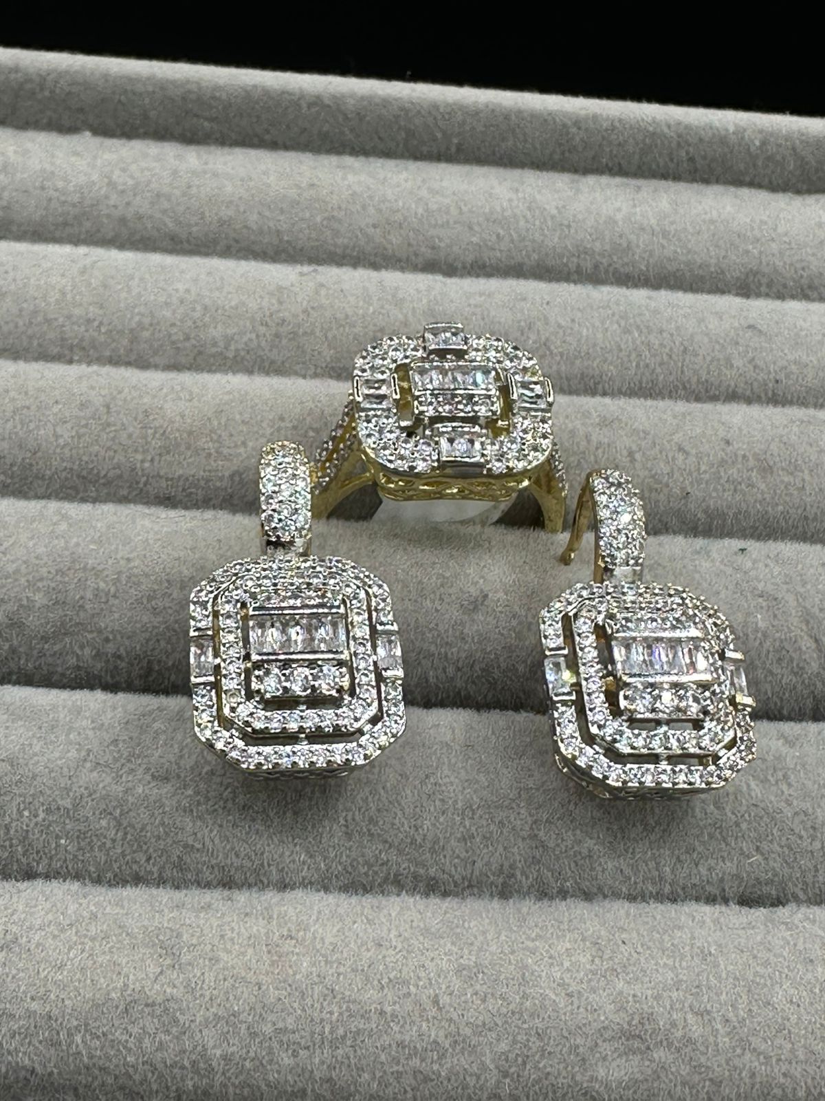Two Toned Gold Polished Square Ring & Earring Set