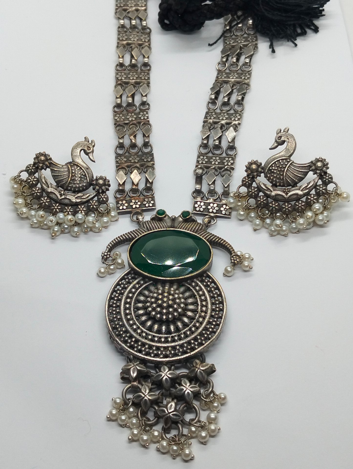 Trendy oxidized handmade brass Mala in green gemstone