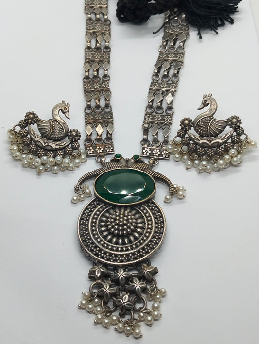 Trendy oxidized handmade brass Mala in green gemstone