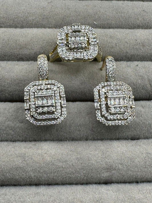 Two Toned Gold Polished Square Ring & Earring Set