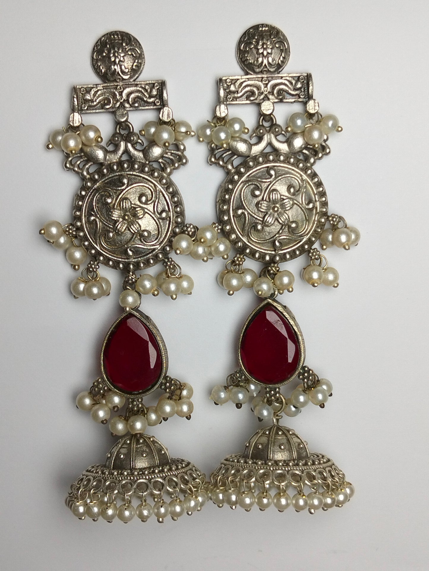 Ethnic Oxidized handmade brass jhumka's Red