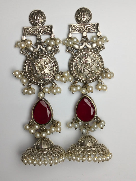 Ethnic Oxidized handmade brass jhumka's Red