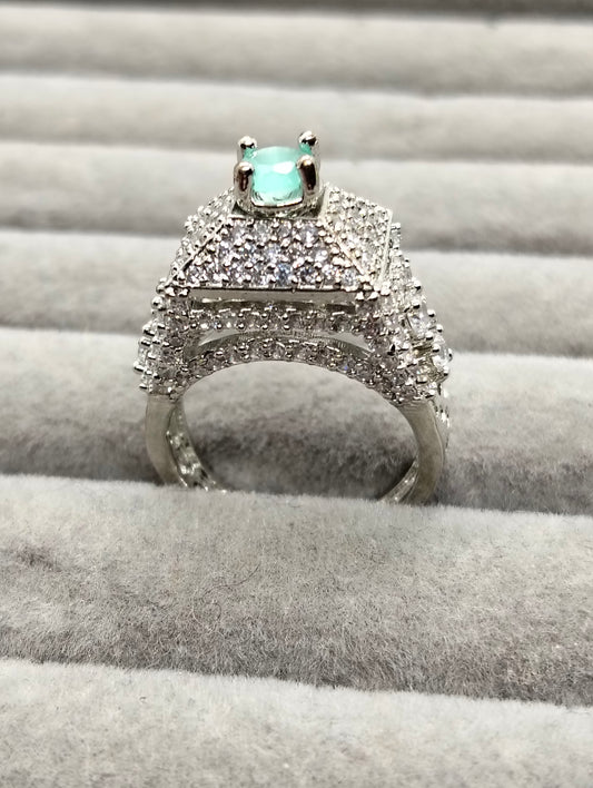 Mint green stone adjustable tower ring silver rhodium plated