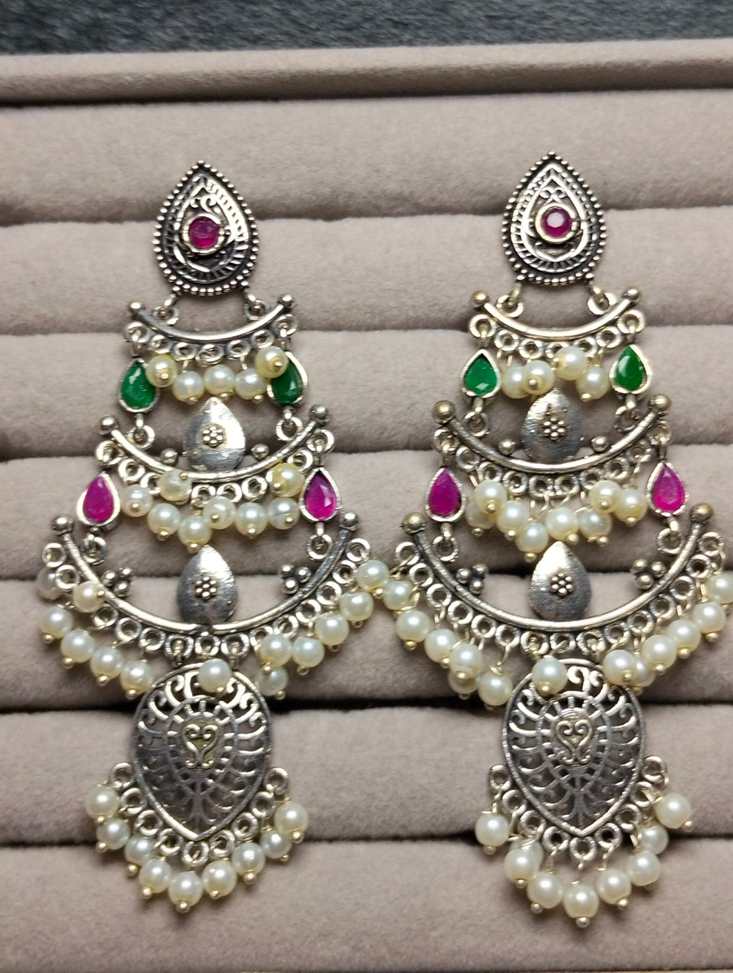 Oxidized brass jhumka's with multi stones