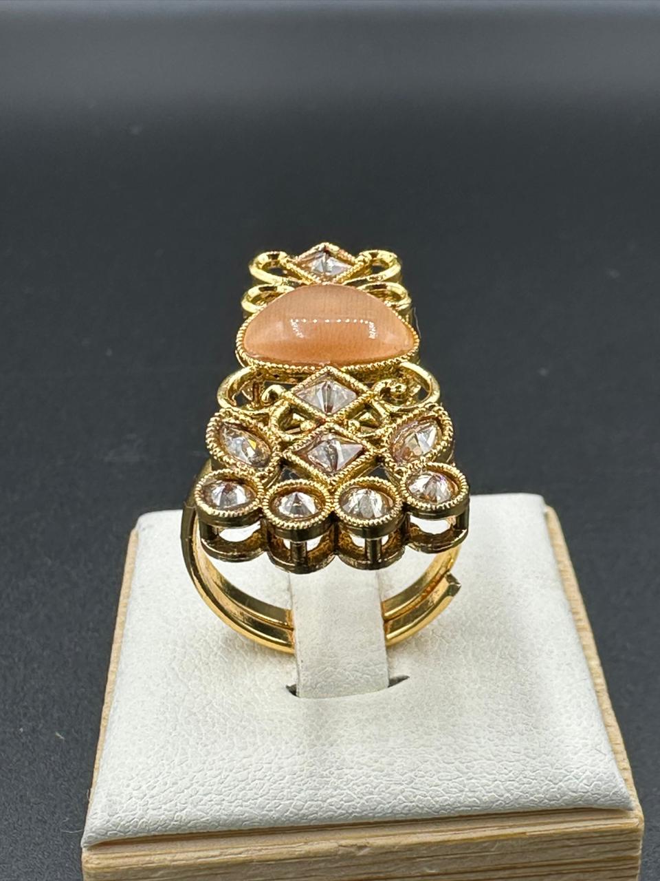 Peach stone adjustable ring gold plated polki design