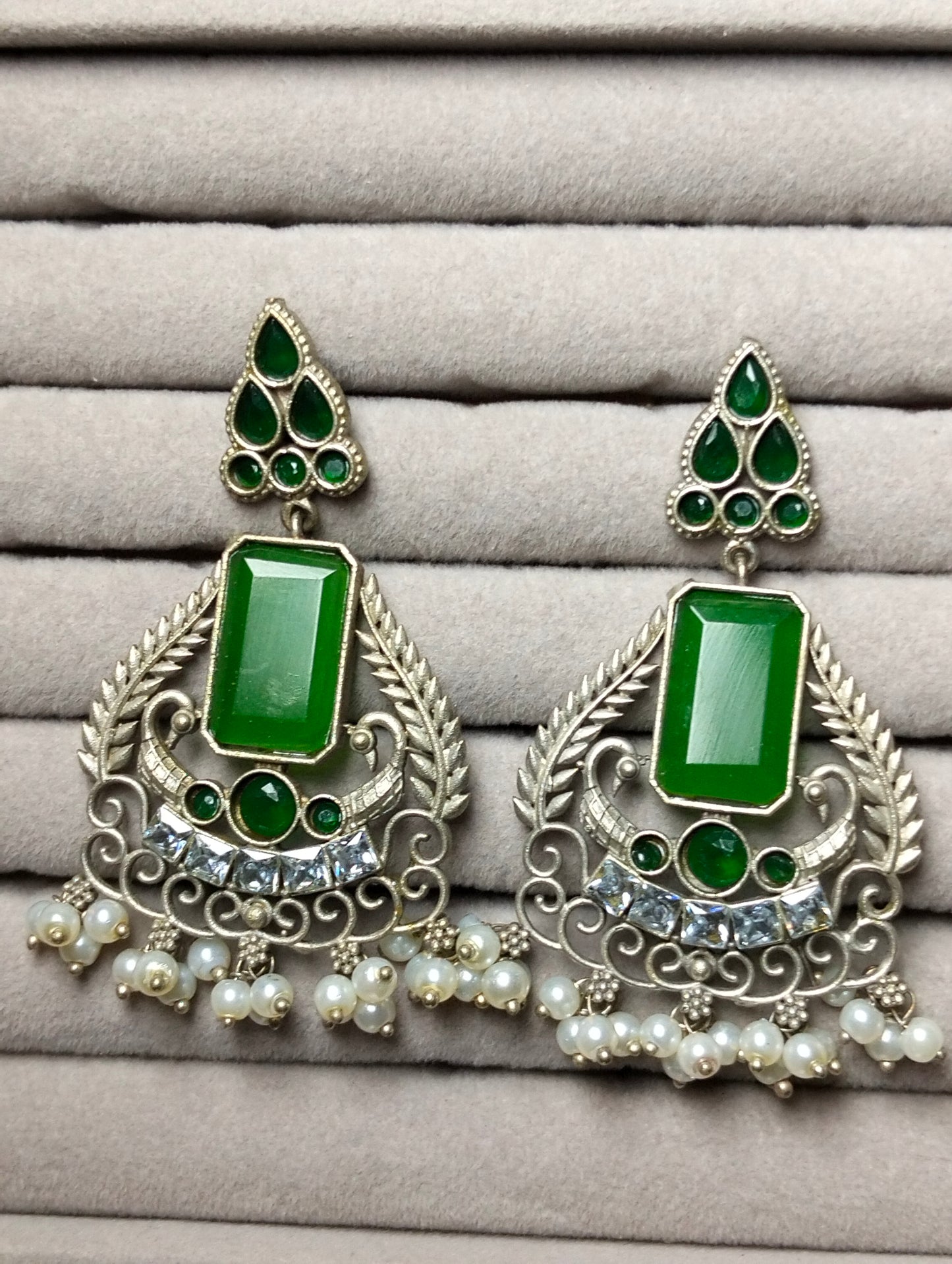 Green stone oxidized handmade brass Bali's