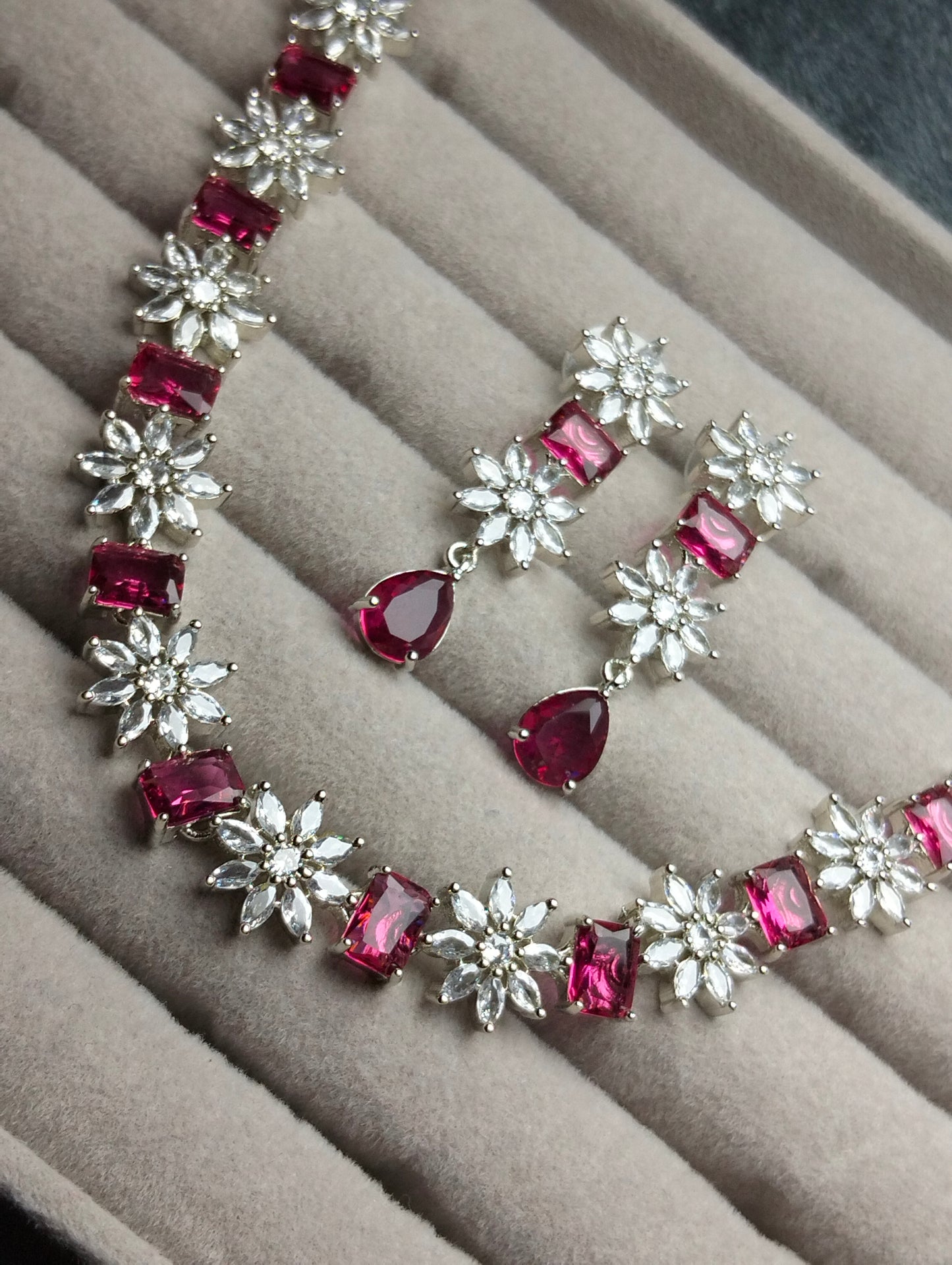 Red ruby silver rhodium plated one carat necklace