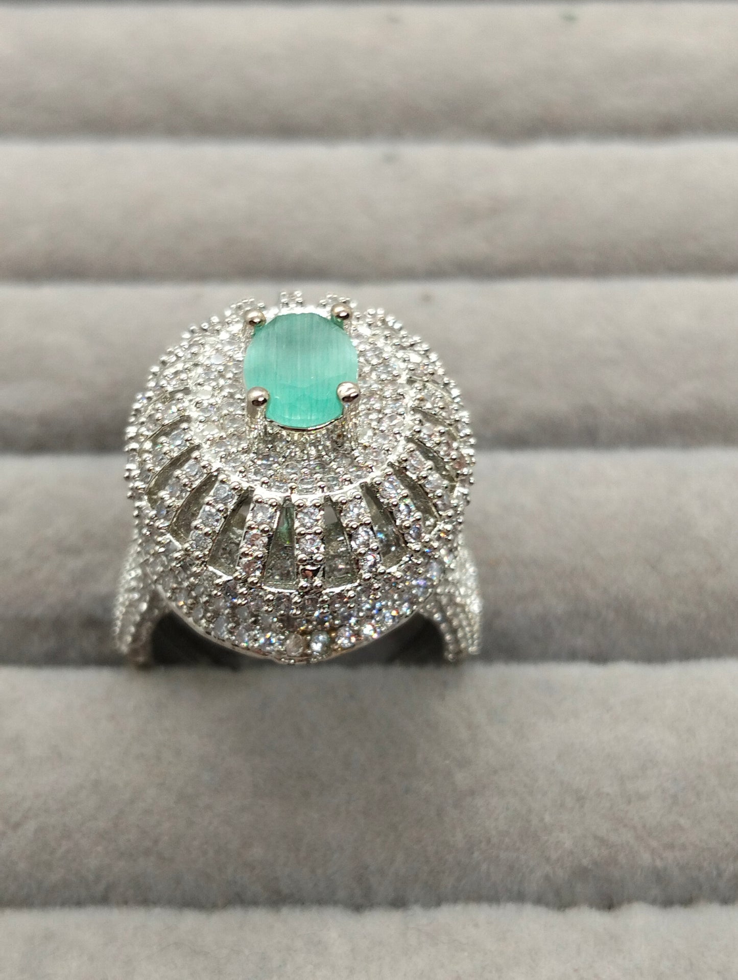 One carat silver rhodium plated adjustable ring in mint green stone