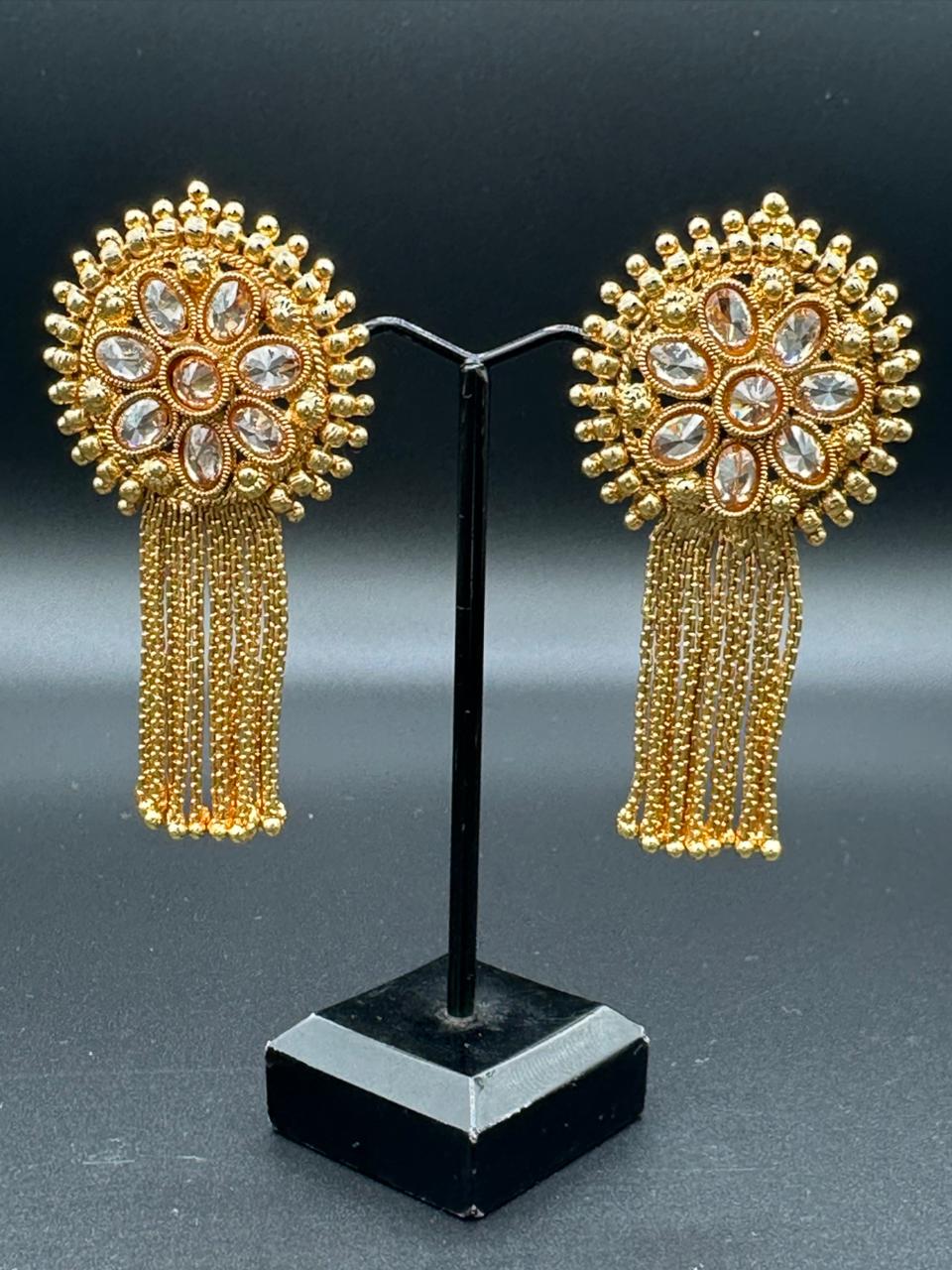 Traditional Polki Gold Plated Studs With Chains