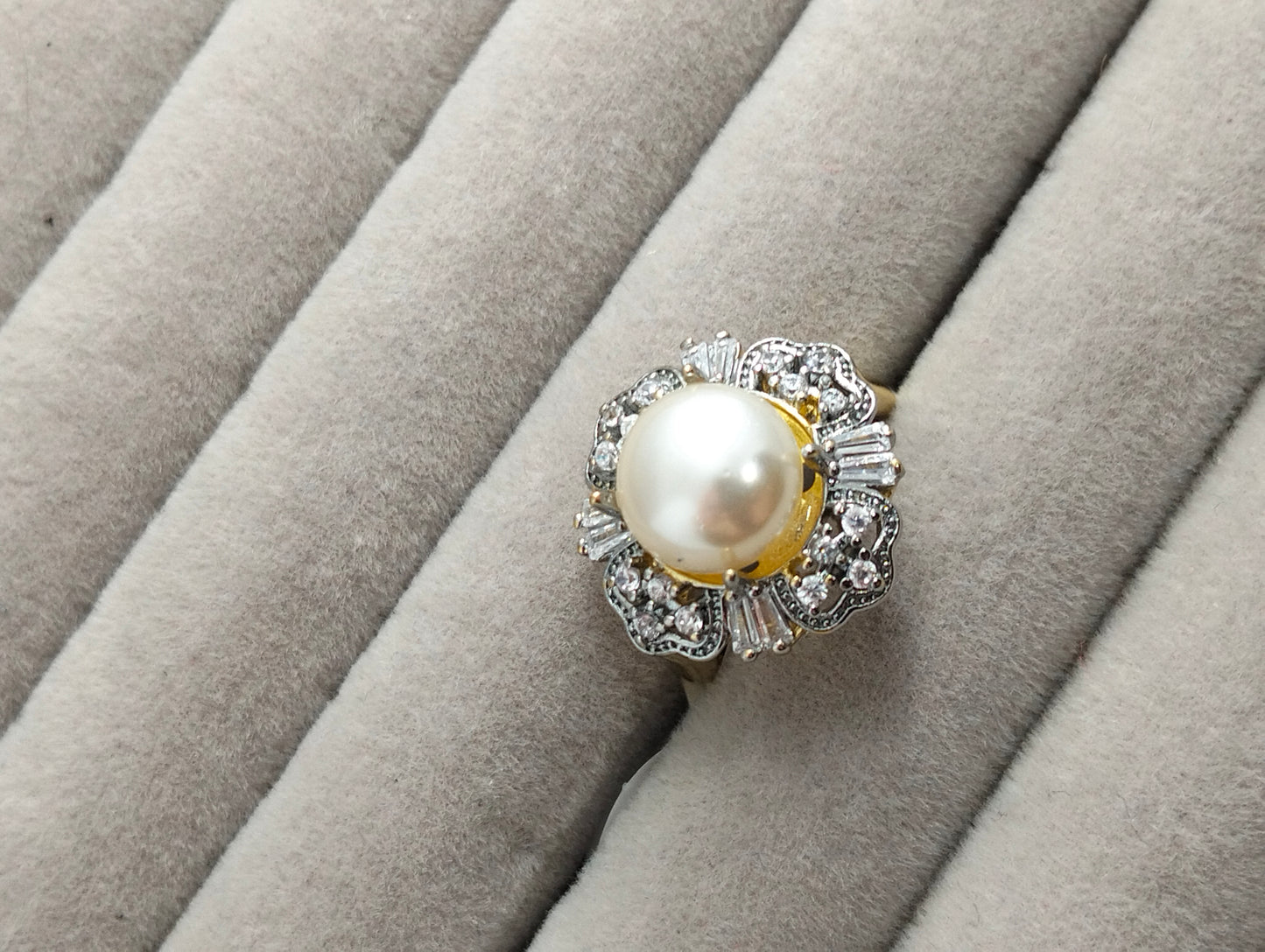 Two-Tone Gold Plated Pearl Ring with Brilliant Cubic Zirconia