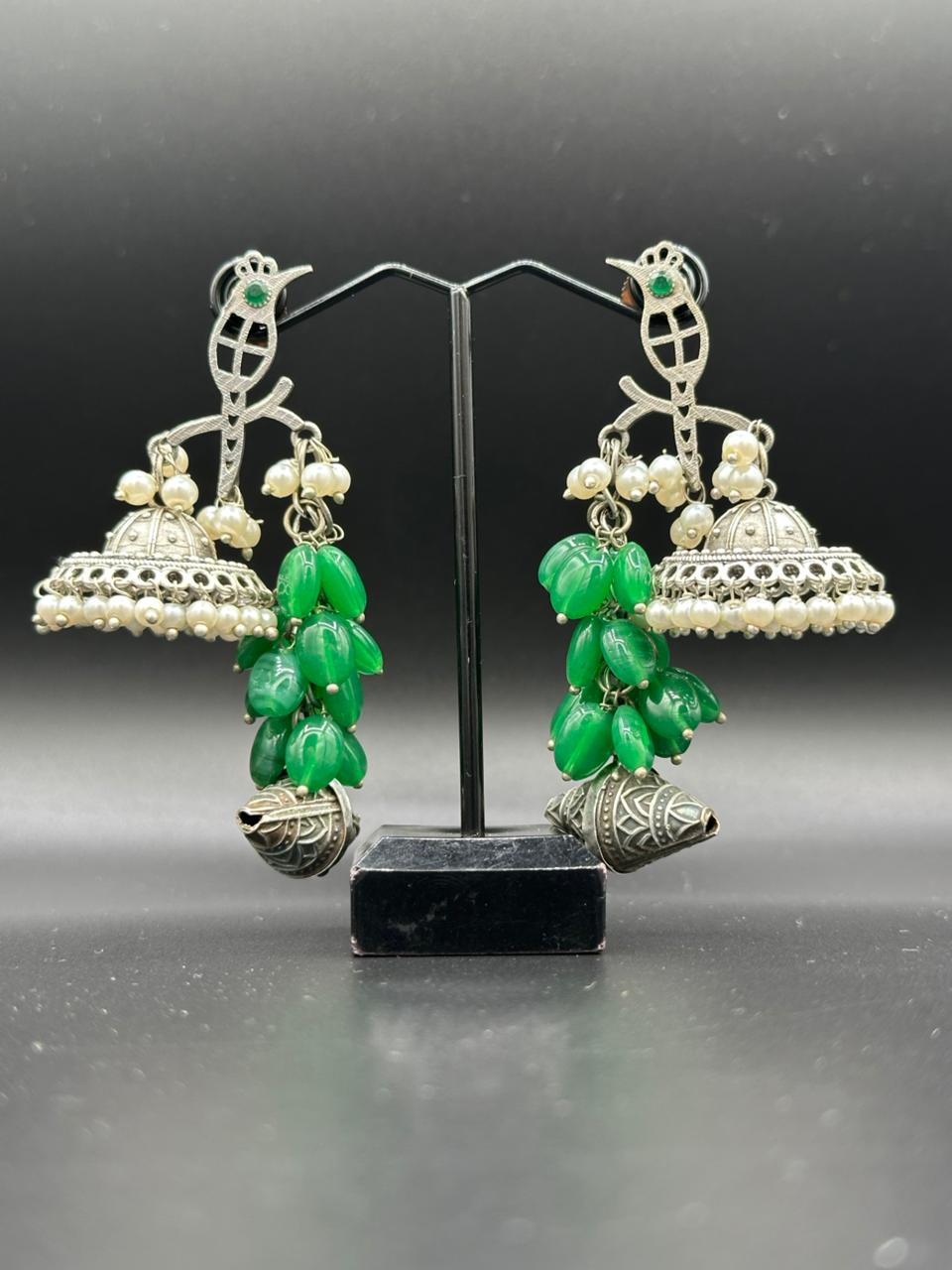 Boho Chic Style Oxidized brass jhumka's with green stone