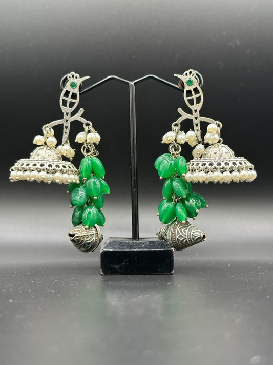 Boho Chic Style Oxidized brass jhumka's with green stone