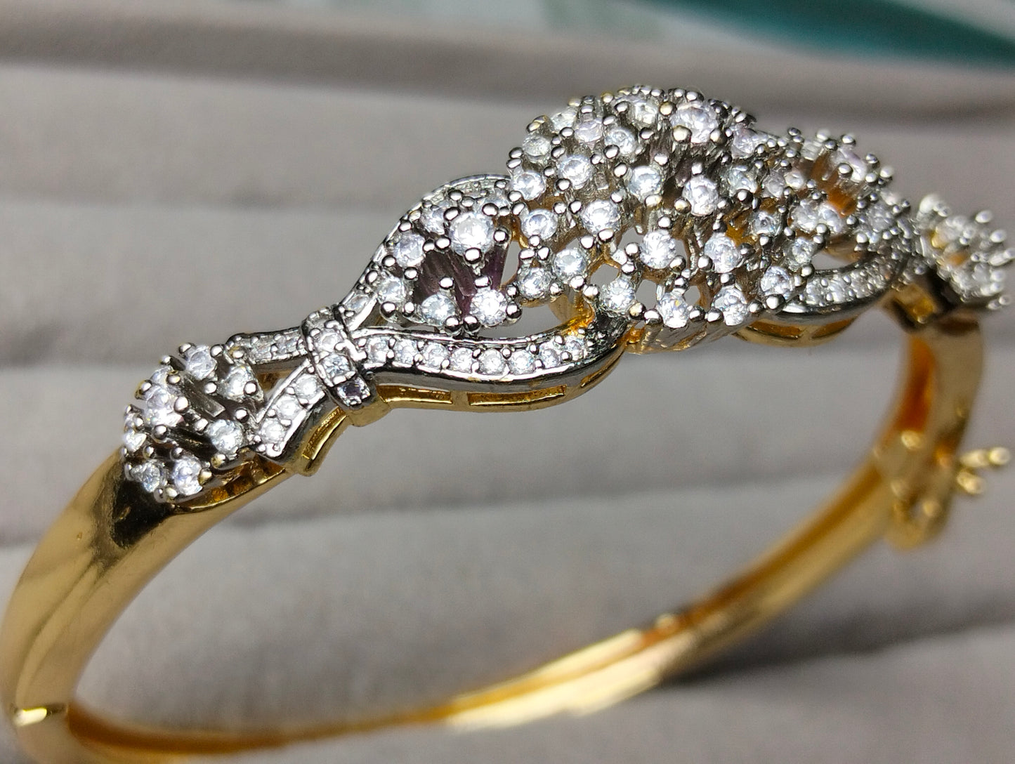 Gold plated openable bangel with cubic zircon