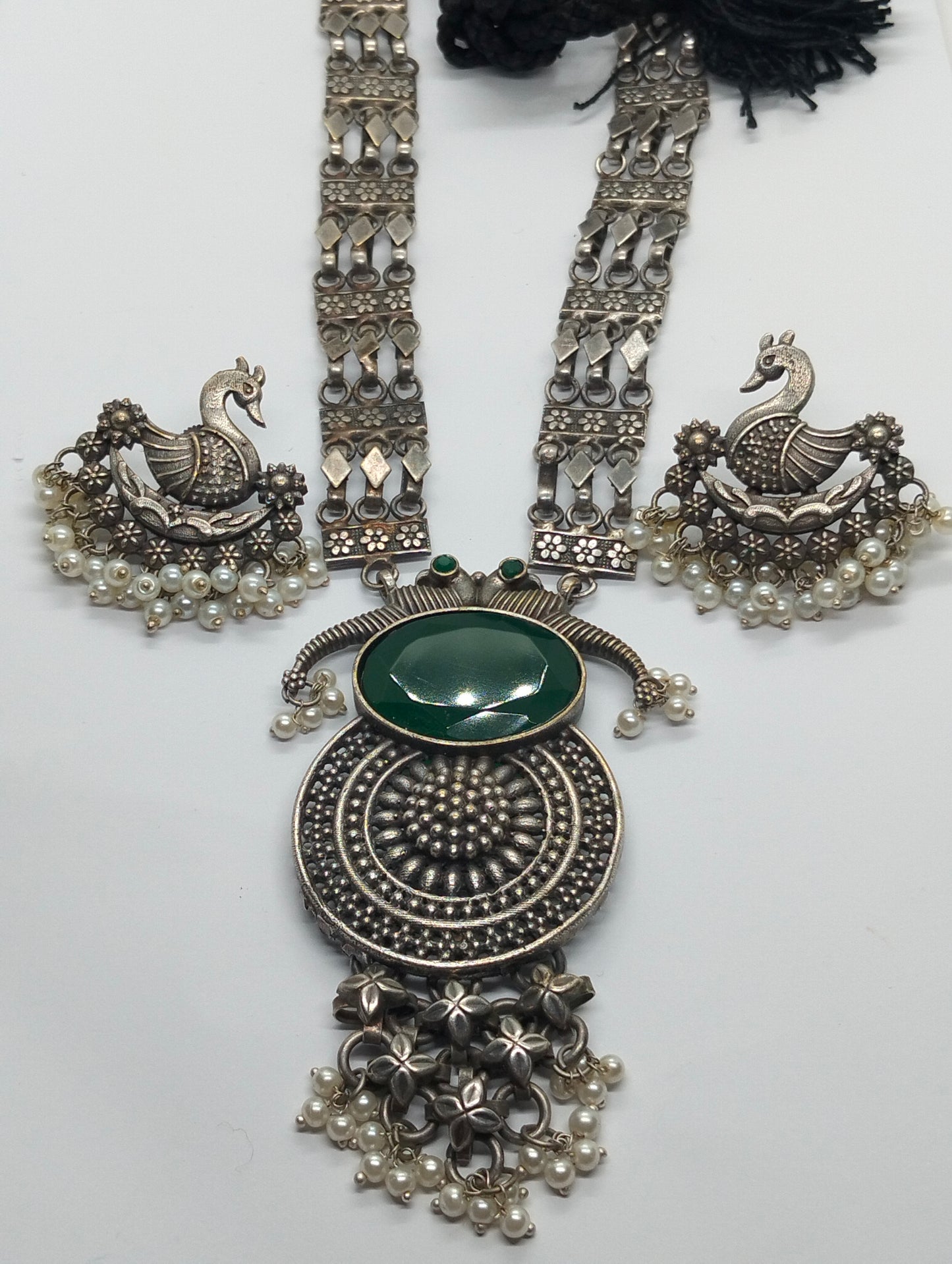 Trendy oxidized handmade brass Mala in green gemstone