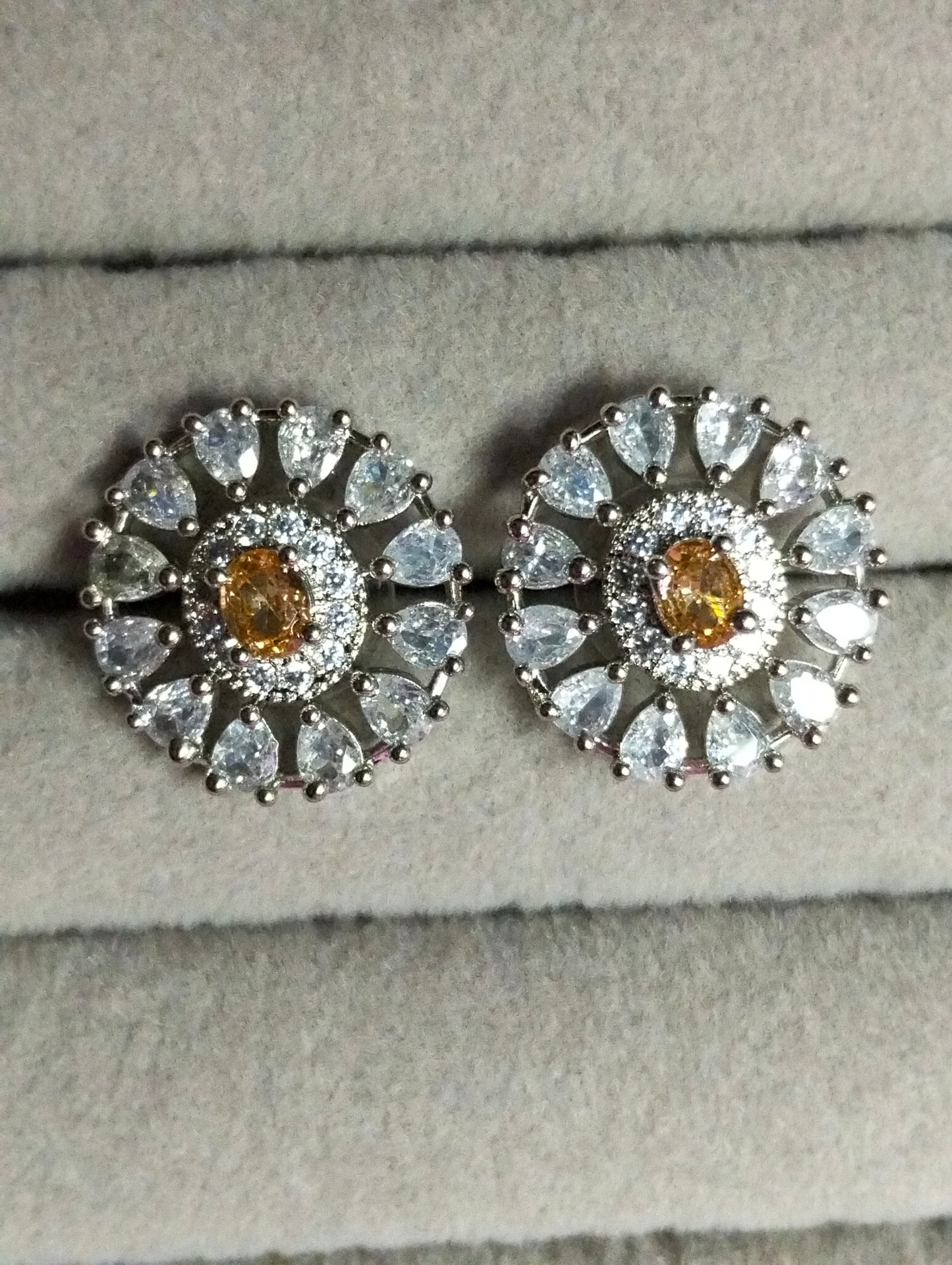 Champagne Stone Rhodium-Plated Silver Geometric Studs