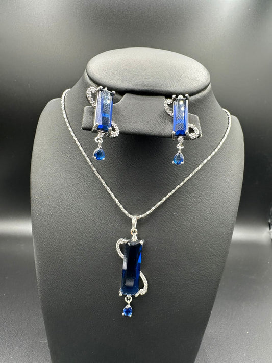 Blue Sapphire Rectangle One Carat Pendant Set