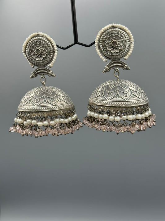 Oxidized Jhumka's in pink stone