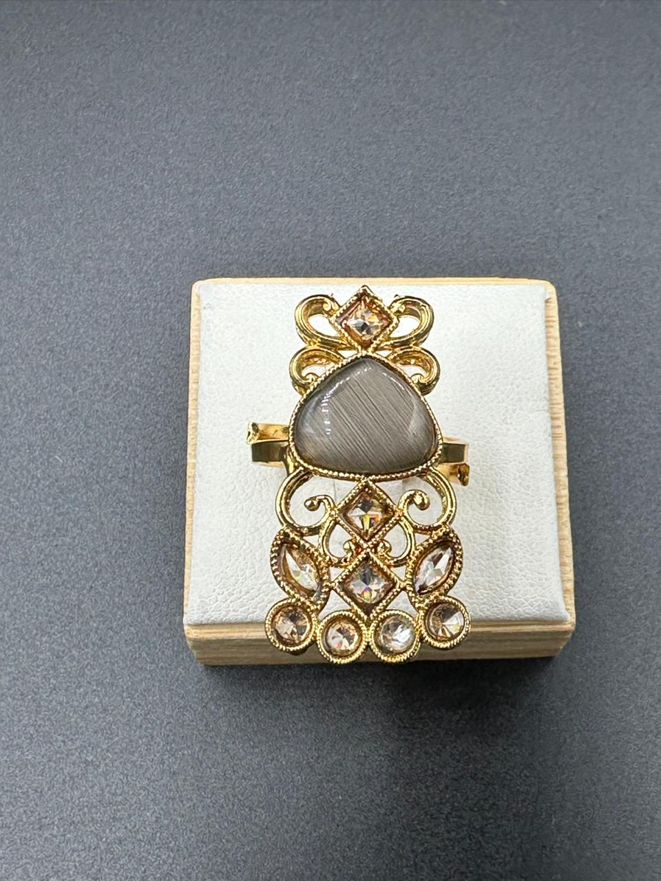Gold Plated Polki Ring with grey stone