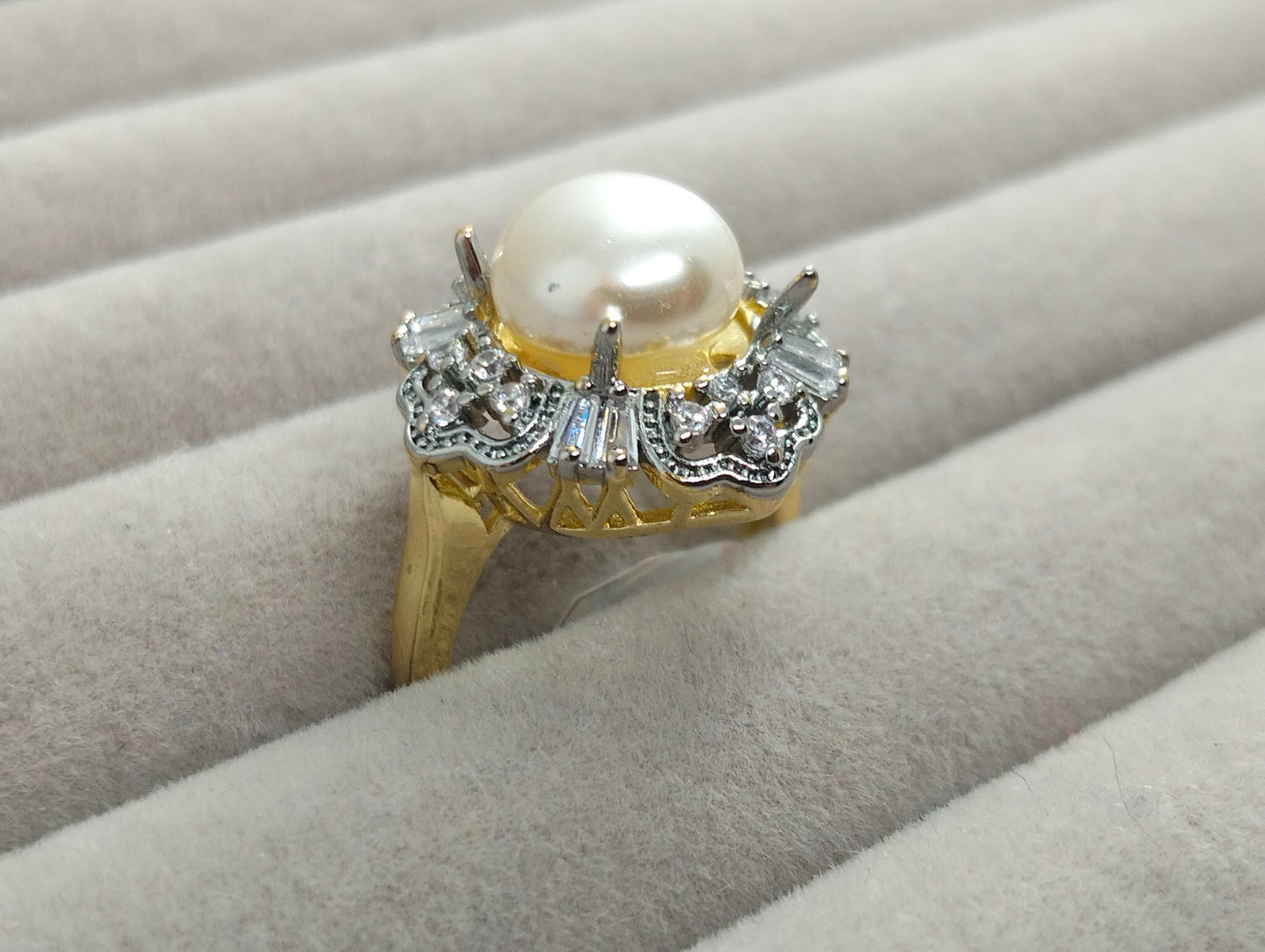 Two-Tone Gold Plated Pearl Ring with Brilliant Cubic Zirconia