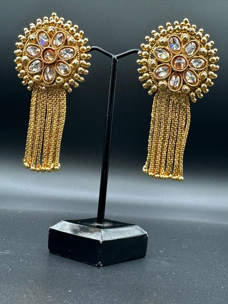 Traditional Polki Gold Plated Studs With Chains