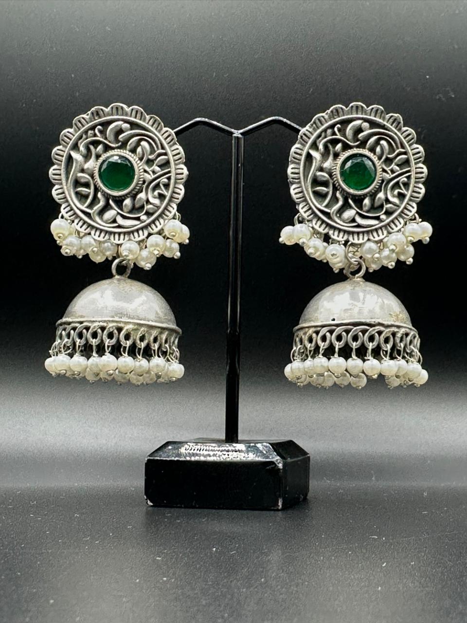 Lotus Bloom | Handcrafted Oxidized Green Stone Silver Floral Jhumka's